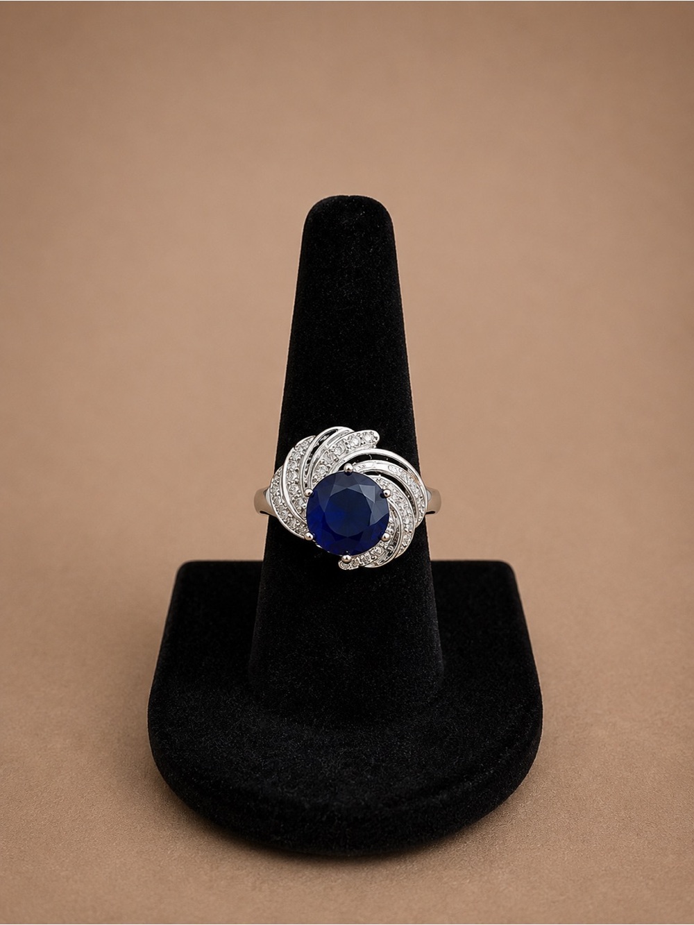 Silver Ring with Deep Blue Center Stone and Pavé Accents Costume Jewelry Size 5
